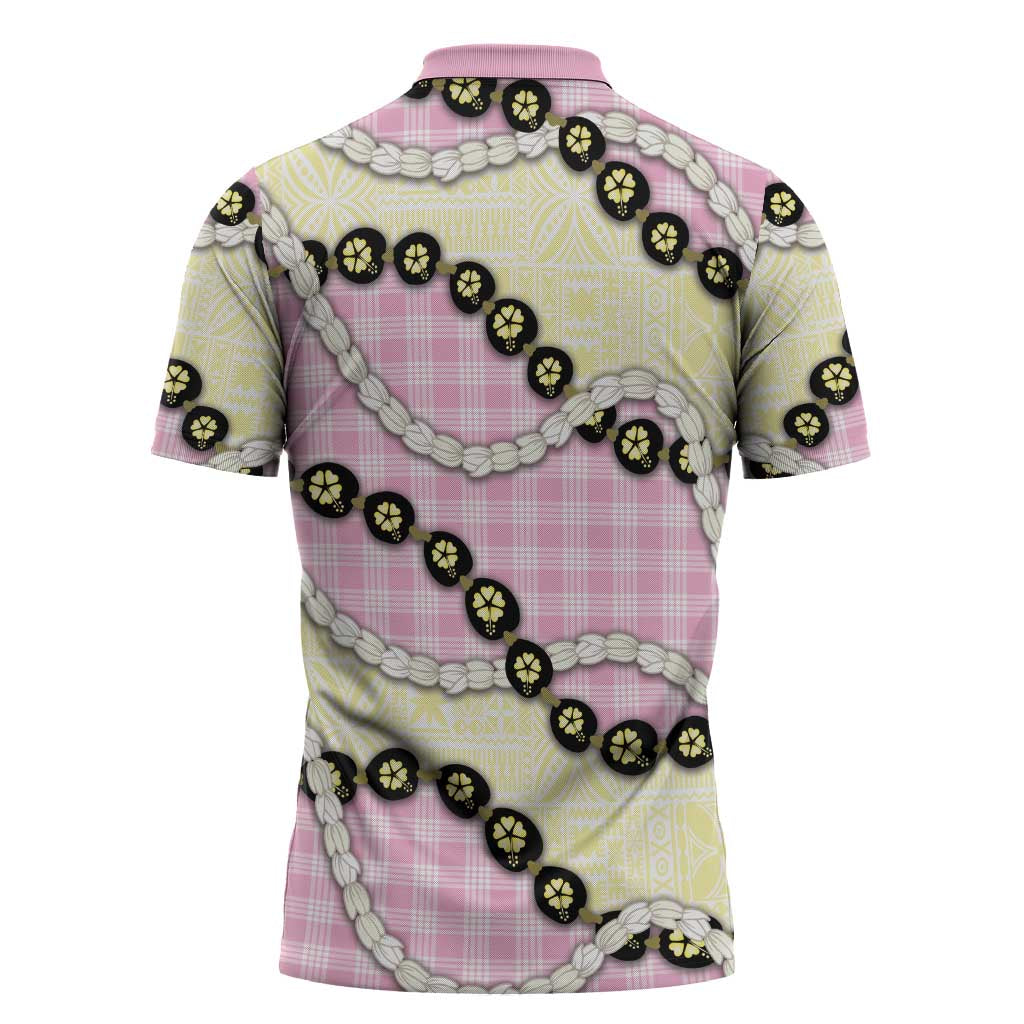 Pink Palaka Hawaii Zipper Polo Shirt Kukui Nut Pikake Lei Hawaiian Tapa Pattern - Polynesian Pride