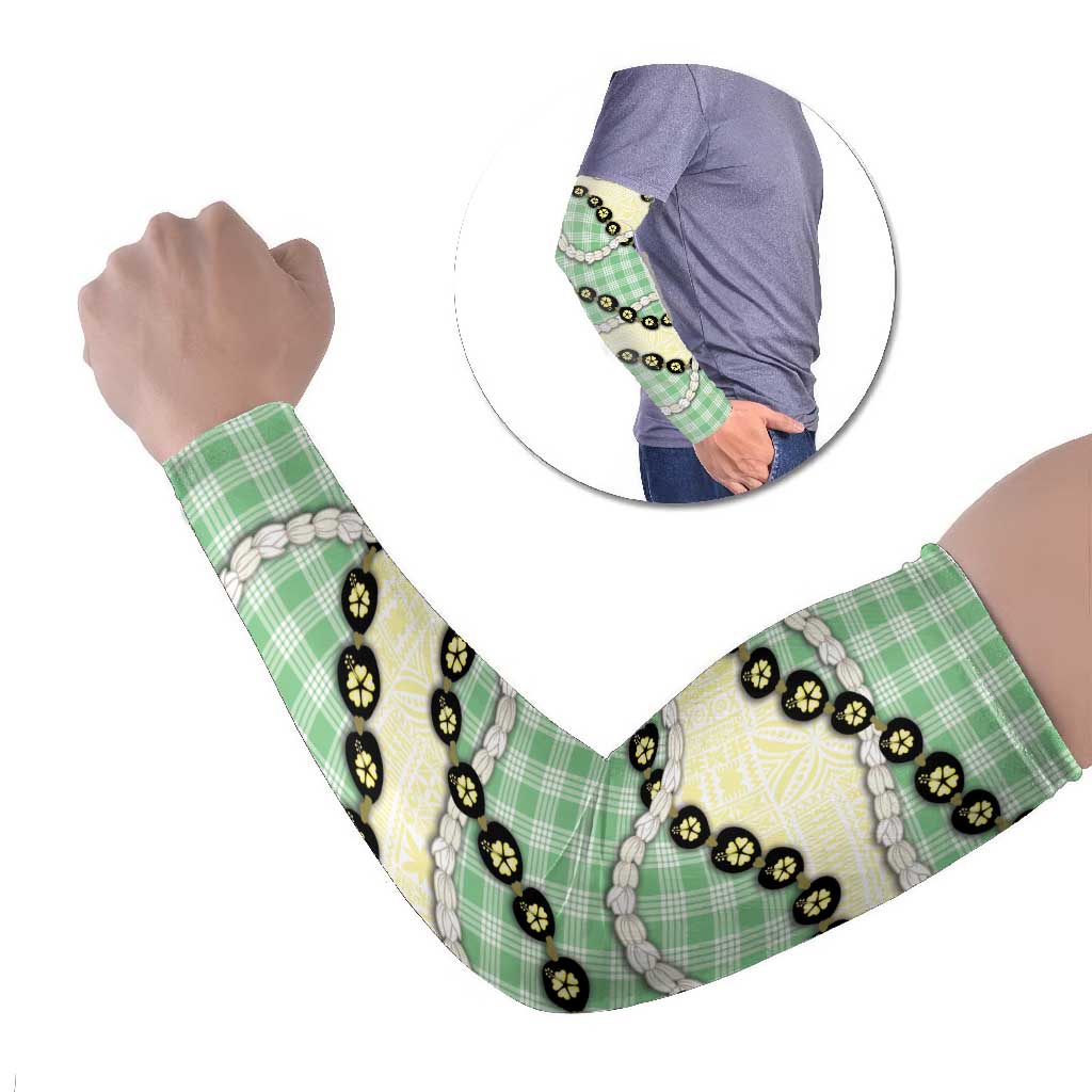 Green Palaka Hawaii Arm Sleeves Kukui Nut Pikake Lei Hawaiian Tapa Pattern - Polynesian Pride
