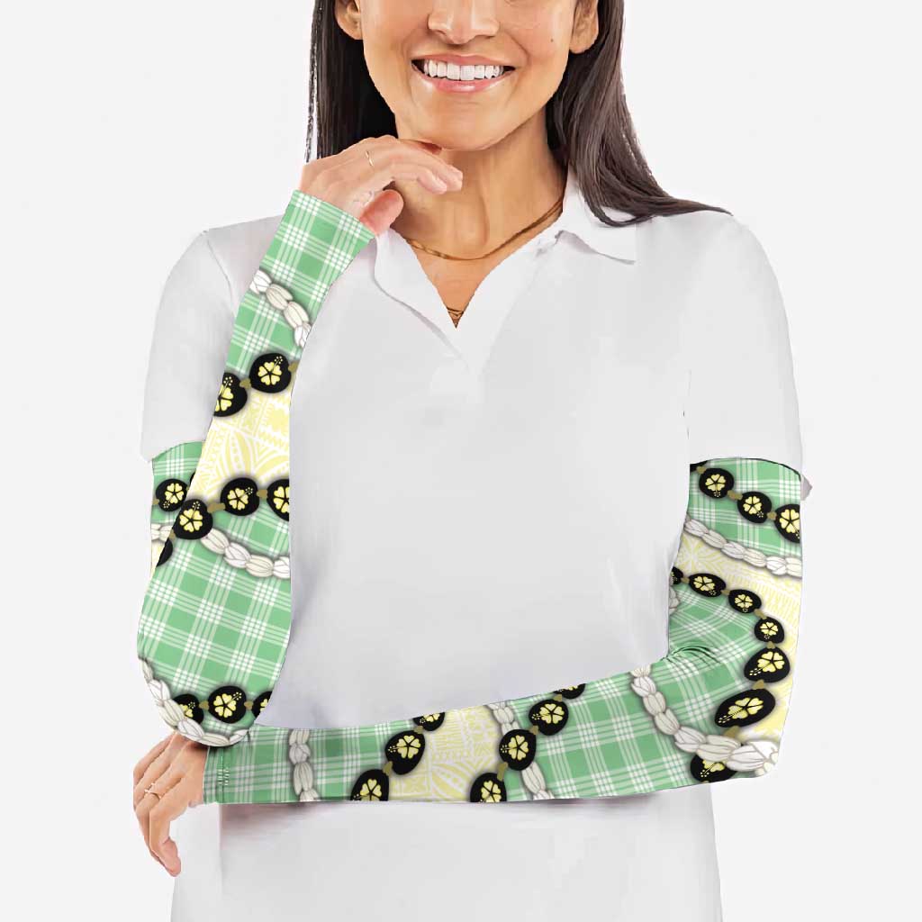 Green Palaka Hawaii Arm Sleeves Kukui Nut Pikake Lei Hawaiian Tapa Pattern - Polynesian Pride