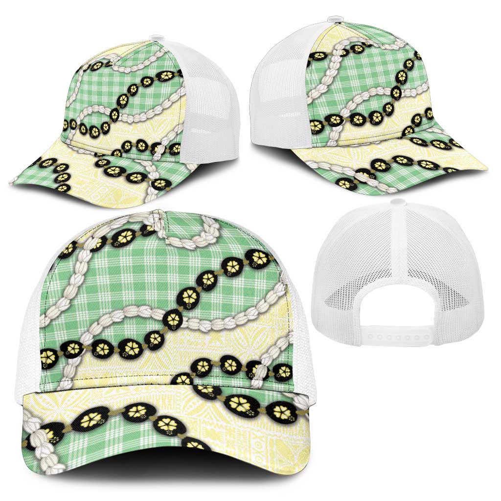 Green Palaka Hawaii Baseball Net Cap Kukui Nut Pikake Lei Hawaiian Tapa Pattern - Polynesian Pride