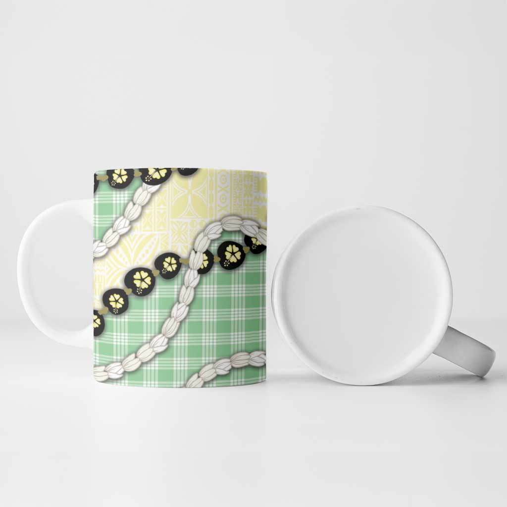 Green Palaka Hawaii Ceramic Mug Kukui Nut Pikake Lei Hawaiian Tapa Pattern - Polynesian Pride