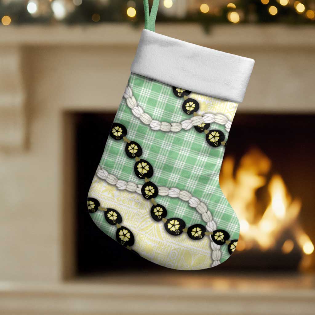 Green Palaka Hawaii Christmas Stocking Kukui Nut Pikake Lei Hawaiian Tapa Pattern - Polynesian Pride