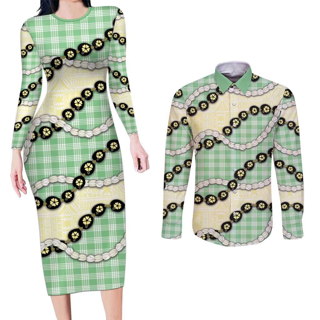 Green Palaka Hawaii Couples Matching Long Sleeve Bodycon Dress and Long Sleeve Button Shirt Kukui Nut Pikake Lei Hawaiian Tapa Pattern - Polynesian Pride