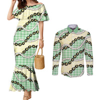 Green Palaka Hawaii Couples Matching Mermaid Dress and Long Sleeve Button Shirt Kukui Nut Pikake Lei Hawaiian Tapa Pattern - Polynesian Pride