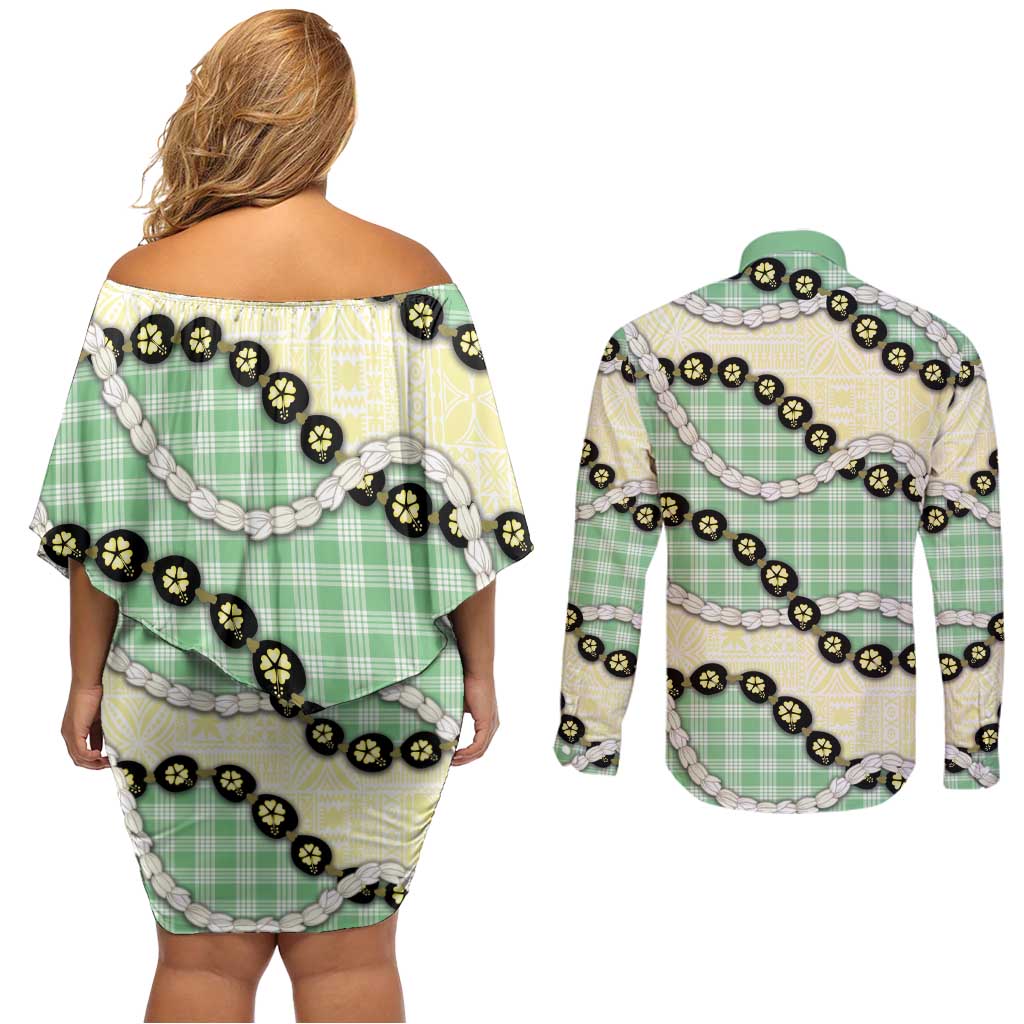 Green Palaka Hawaii Couples Matching Off Shoulder Short Dress and Long Sleeve Button Shirt Kukui Nut Pikake Lei Hawaiian Tapa Pattern - Polynesian Pride