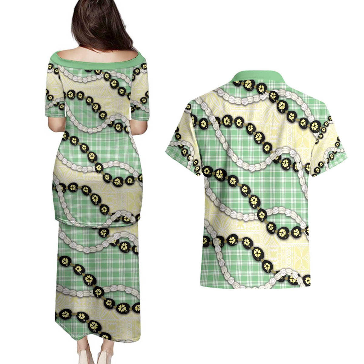 Green Palaka Hawaii Couples Matching Puletasi and Hawaiian Shirt Kukui Nut Pikake Lei Hawaiian Tapa Pattern - Polynesian Pride