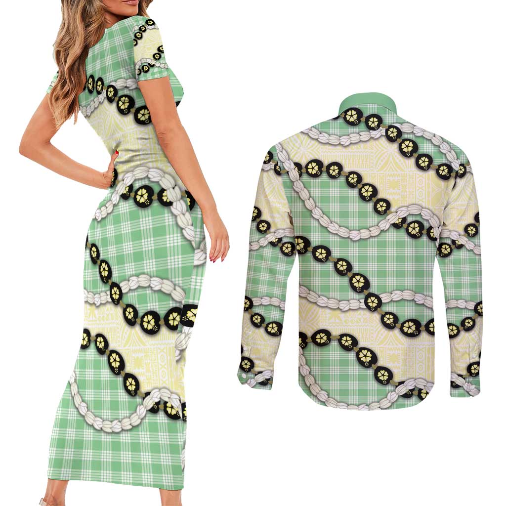 Green Palaka Hawaii Couples Matching Short Sleeve Bodycon Dress and Long Sleeve Button Shirt Kukui Nut Pikake Lei Hawaiian Tapa Pattern - Polynesian Pride