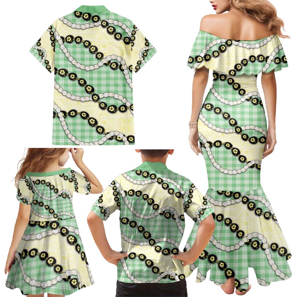 Green Palaka Hawaii Family Matching Mermaid Dress and Hawaiian Shirt Kukui Nut Pikake Lei Hawaiian Tapa Pattern - Polynesian Pride
