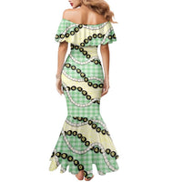 Green Palaka Hawaii Family Matching Mermaid Dress and Hawaiian Shirt Kukui Nut Pikake Lei Hawaiian Tapa Pattern - Polynesian Pride