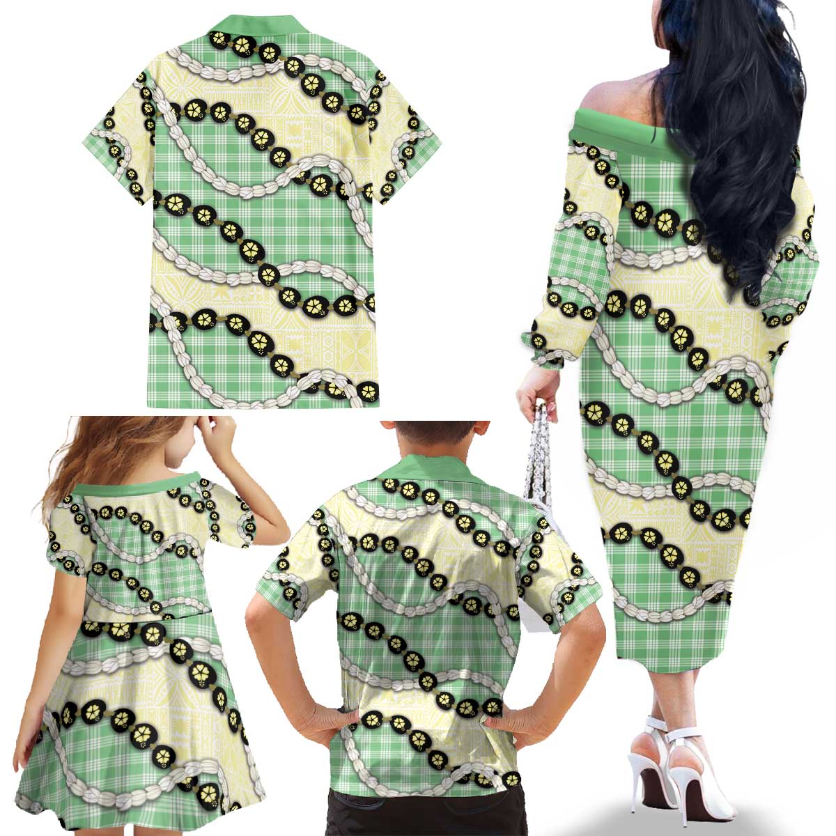 Green Palaka Hawaii Family Matching Off The Shoulder Long Sleeve Dress and Hawaiian Shirt Kukui Nut Pikake Lei Hawaiian Tapa Pattern - Polynesian Pride