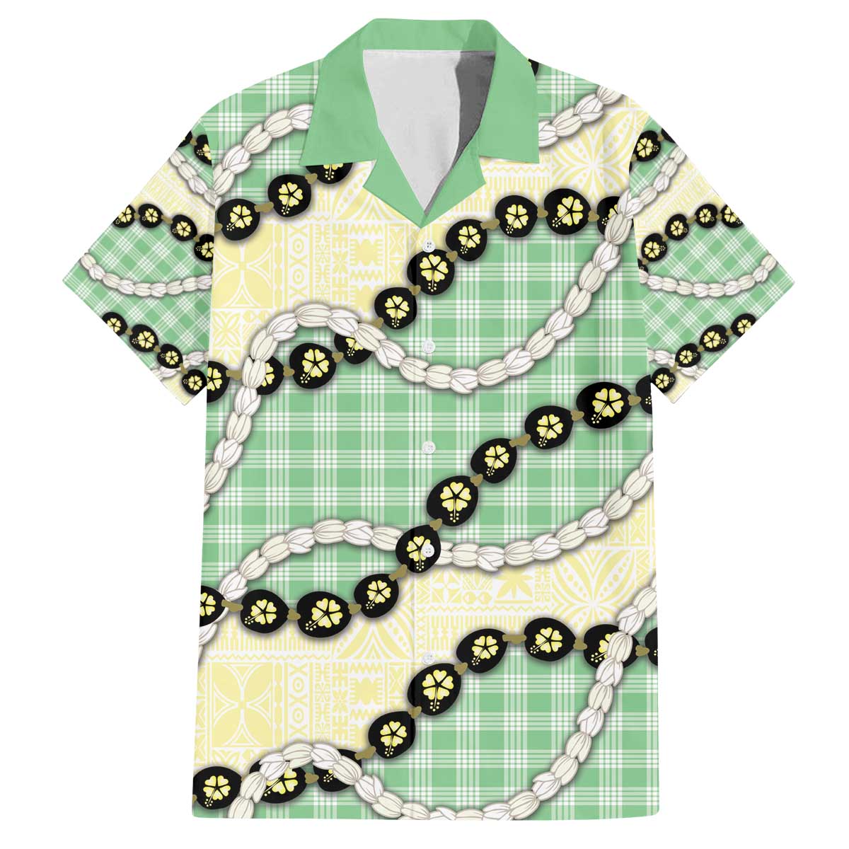Green Palaka Hawaii Family Matching Off The Shoulder Long Sleeve Dress and Hawaiian Shirt Kukui Nut Pikake Lei Hawaiian Tapa Pattern - Polynesian Pride