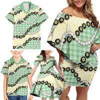 Green Palaka Hawaii Family Matching Off Shoulder Short Dress and Hawaiian Shirt Kukui Nut Pikake Lei Hawaiian Tapa Pattern - Polynesian Pride