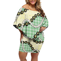 Green Palaka Hawaii Family Matching Off Shoulder Short Dress and Hawaiian Shirt Kukui Nut Pikake Lei Hawaiian Tapa Pattern - Polynesian Pride