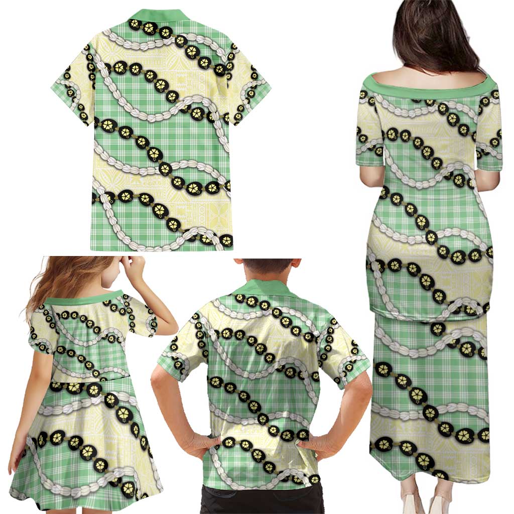 Green Palaka Hawaii Family Matching Puletasi and Hawaiian Shirt Kukui Nut Pikake Lei Hawaiian Tapa Pattern - Polynesian Pride