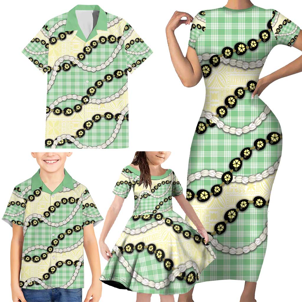 Green Palaka Hawaii Family Matching Short Sleeve Bodycon Dress and Hawaiian Shirt Kukui Nut Pikake Lei Hawaiian Tapa Pattern - Polynesian Pride