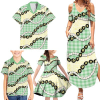 Green Palaka Hawaii Family Matching Summer Maxi Dress and Hawaiian Shirt Kukui Nut Pikake Lei Hawaiian Tapa Pattern - Polynesian Pride