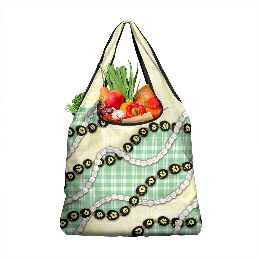 Green Palaka Hawaii Grocery Bag Kukui Nut Pikake Lei Hawaiian Tapa Pattern - Polynesian Pride