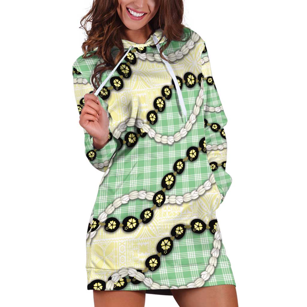 Green Palaka Hawaii Hoodie Dress Kukui Nut Pikake Lei Hawaiian Tapa Pattern - Polynesian Pride