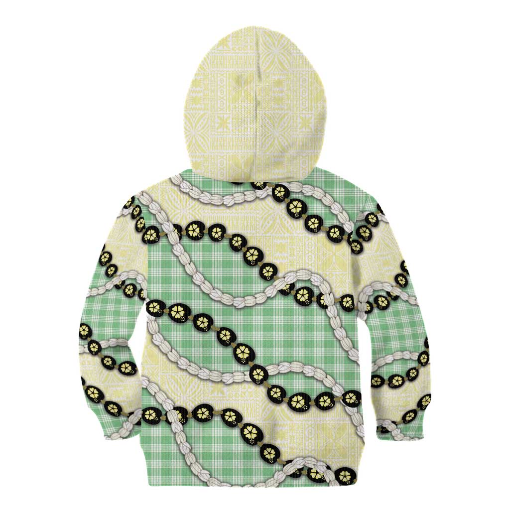 Green Palaka Hawaii Kid Hoodie Kukui Nut Pikake Lei Hawaiian Tapa Pattern - Polynesian Pride