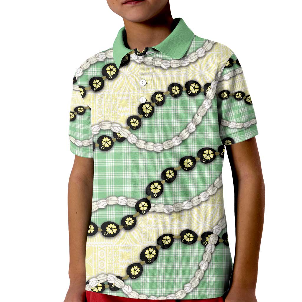 Green Palaka Hawaii Kid Polo Shirt Kukui Nut Pikake Lei Hawaiian Tapa Pattern - Polynesian Pride