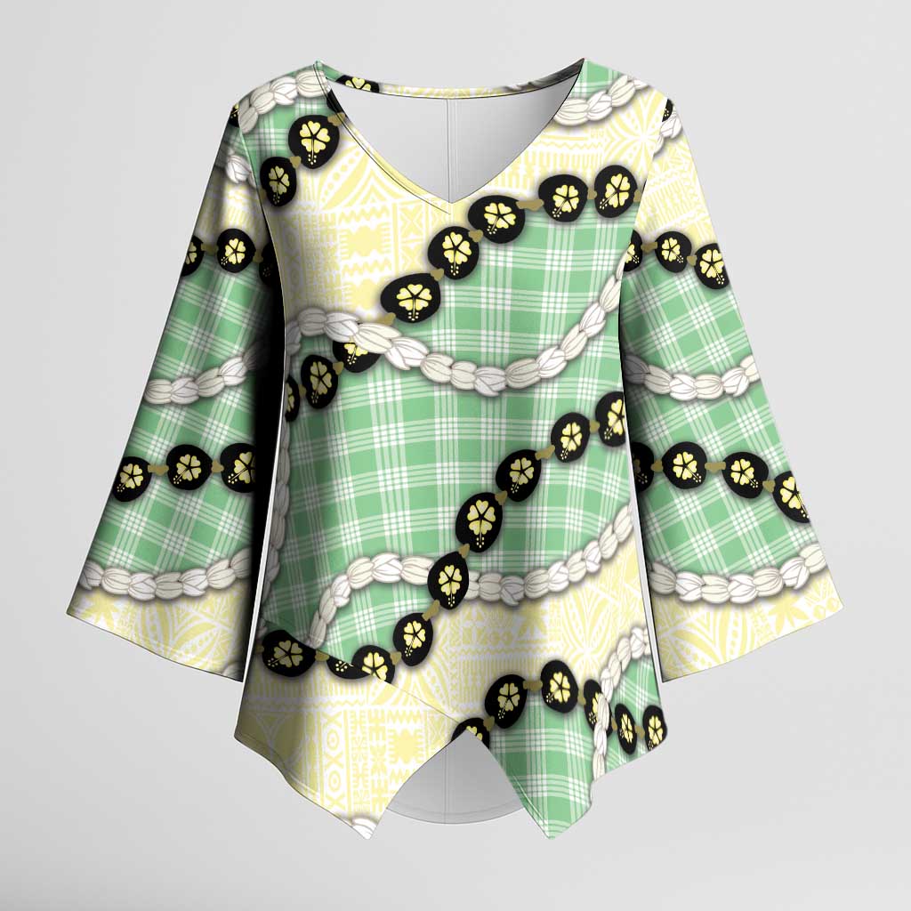 Green Palaka Hawaii Kimono Sleeve Blouse Kukui Nut Pikake Lei Hawaiian Tapa Pattern - Polynesian Pride