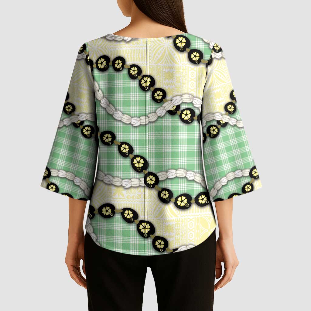 Green Palaka Hawaii Kimono Sleeve Blouse Kukui Nut Pikake Lei Hawaiian Tapa Pattern - Polynesian Pride
