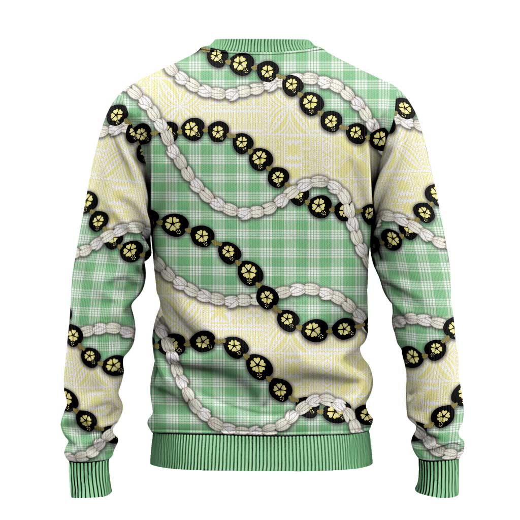 Green Palaka Hawaii Ugly Christmas Sweater Kukui Nut Pikake Lei Hawaiian Tapa Pattern - Polynesian Pride