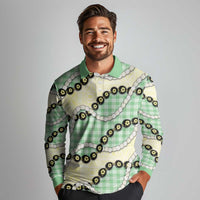 Green Palaka Hawaii Long Sleeve Polo Shirt Kukui Nut Pikake Lei Hawaiian Tapa Pattern - Polynesian Pride