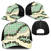 Green Palaka Hawaii Mesh Trucker Cap Kukui Nut Pikake Lei Hawaiian Tapa Pattern - Polynesian Pride