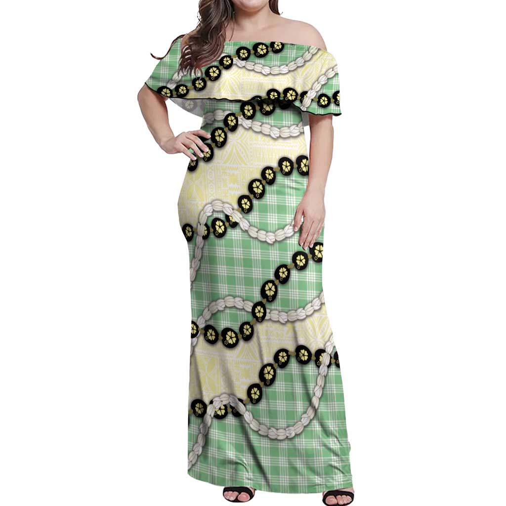 Green Palaka Hawaii Off Shoulder Maxi Dress Kukui Nut Pikake Lei Hawaiian Tapa Pattern - Polynesian Pride