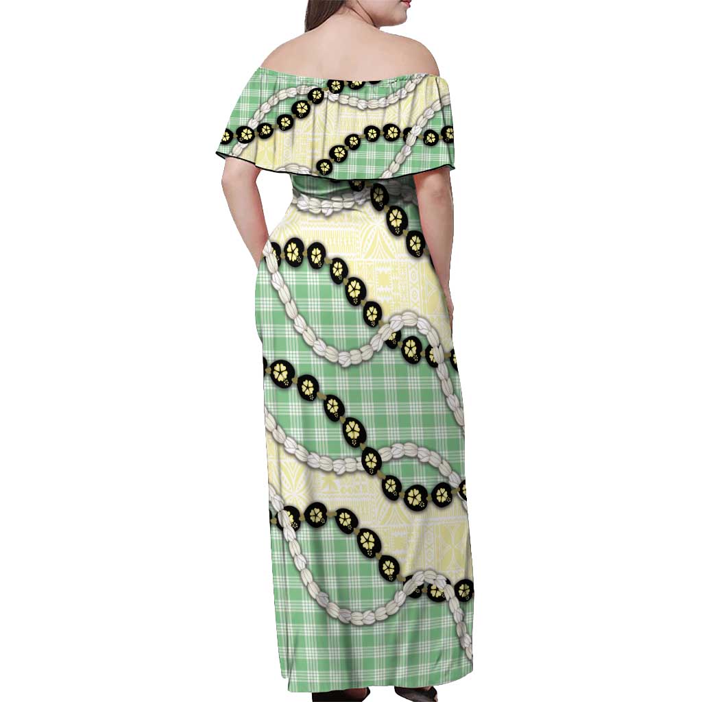 Green Palaka Hawaii Off Shoulder Maxi Dress Kukui Nut Pikake Lei Hawaiian Tapa Pattern - Polynesian Pride