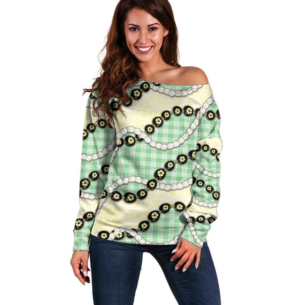 Green Palaka Hawaii Off Shoulder Sweater Kukui Nut Pikake Lei Hawaiian Tapa Pattern - Polynesian Pride