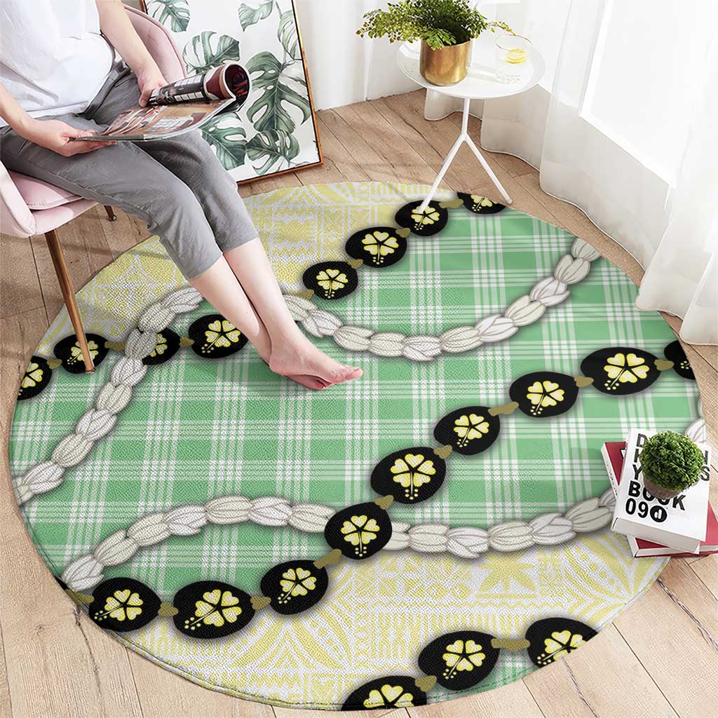 Green Palaka Hawaii Round Carpet Kukui Nut Pikake Lei Hawaiian Tapa Pattern - Polynesian Pride
