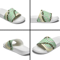 Green Palaka Hawaii Slide Sandals Kukui Nut Pikake Lei Hawaiian Tapa Pattern - Polynesian Pride