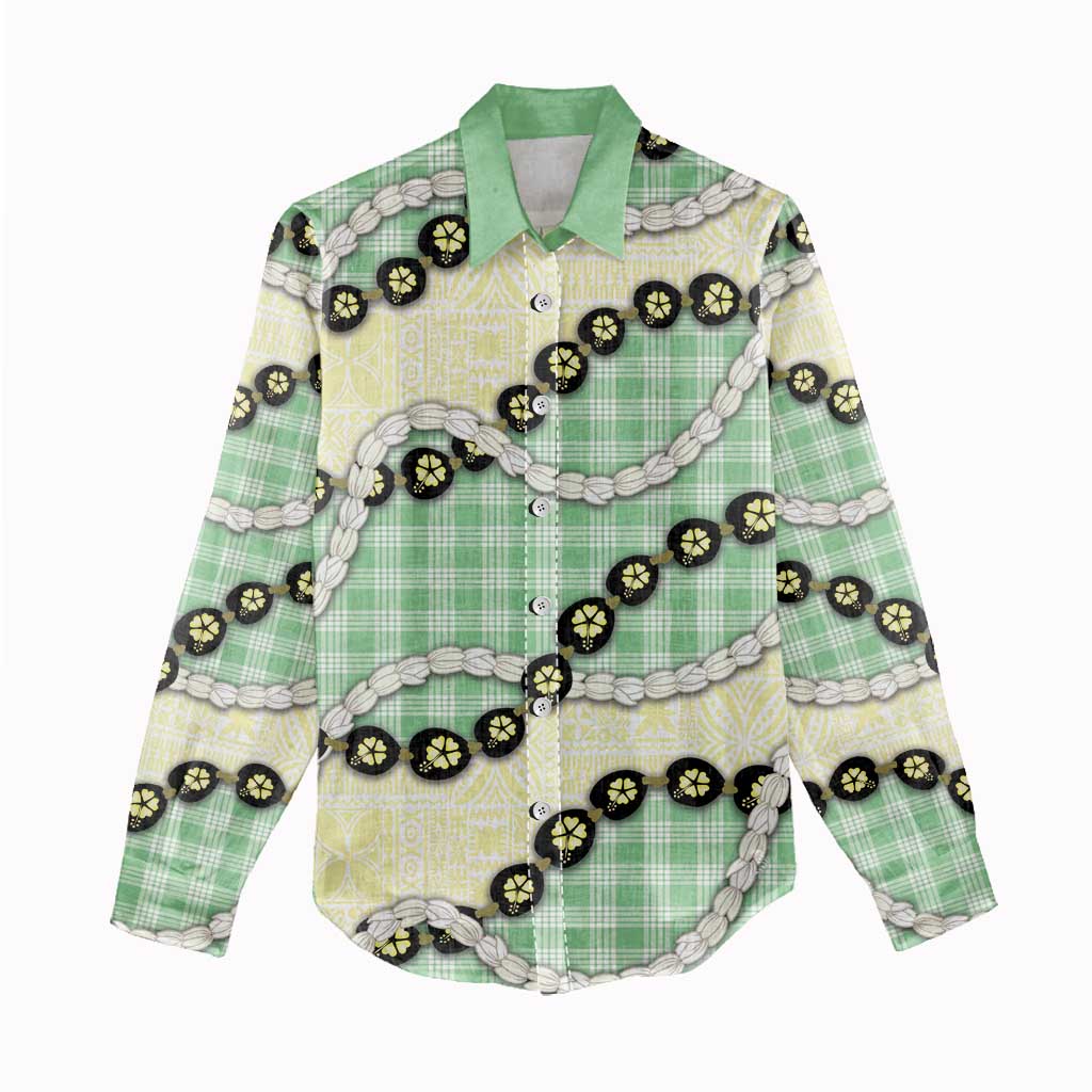 Green Palaka Hawaii Women Casual Shirt Kukui Nut Pikake Lei Hawaiian Tapa Pattern - Polynesian Pride