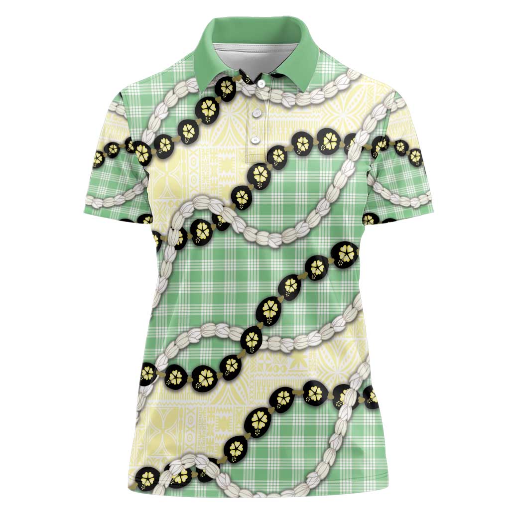 Green Palaka Hawaii Women Polo Shirt Kukui Nut Pikake Lei Hawaiian Tapa Pattern - Polynesian Pride