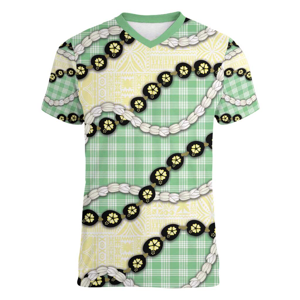 Green Palaka Hawaii Women V-Neck T-Shirt Kukui Nut Pikake Lei Hawaiian Tapa Pattern - Polynesian Pride