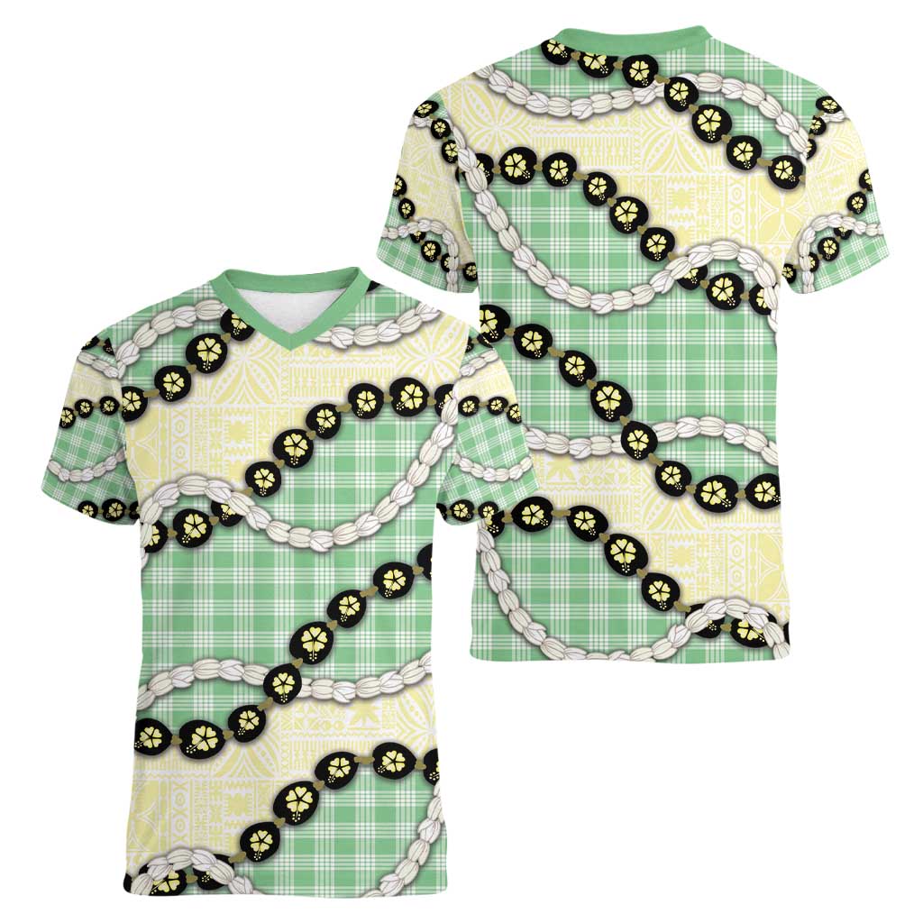 Green Palaka Hawaii Women V-Neck T-Shirt Kukui Nut Pikake Lei Hawaiian Tapa Pattern - Polynesian Pride