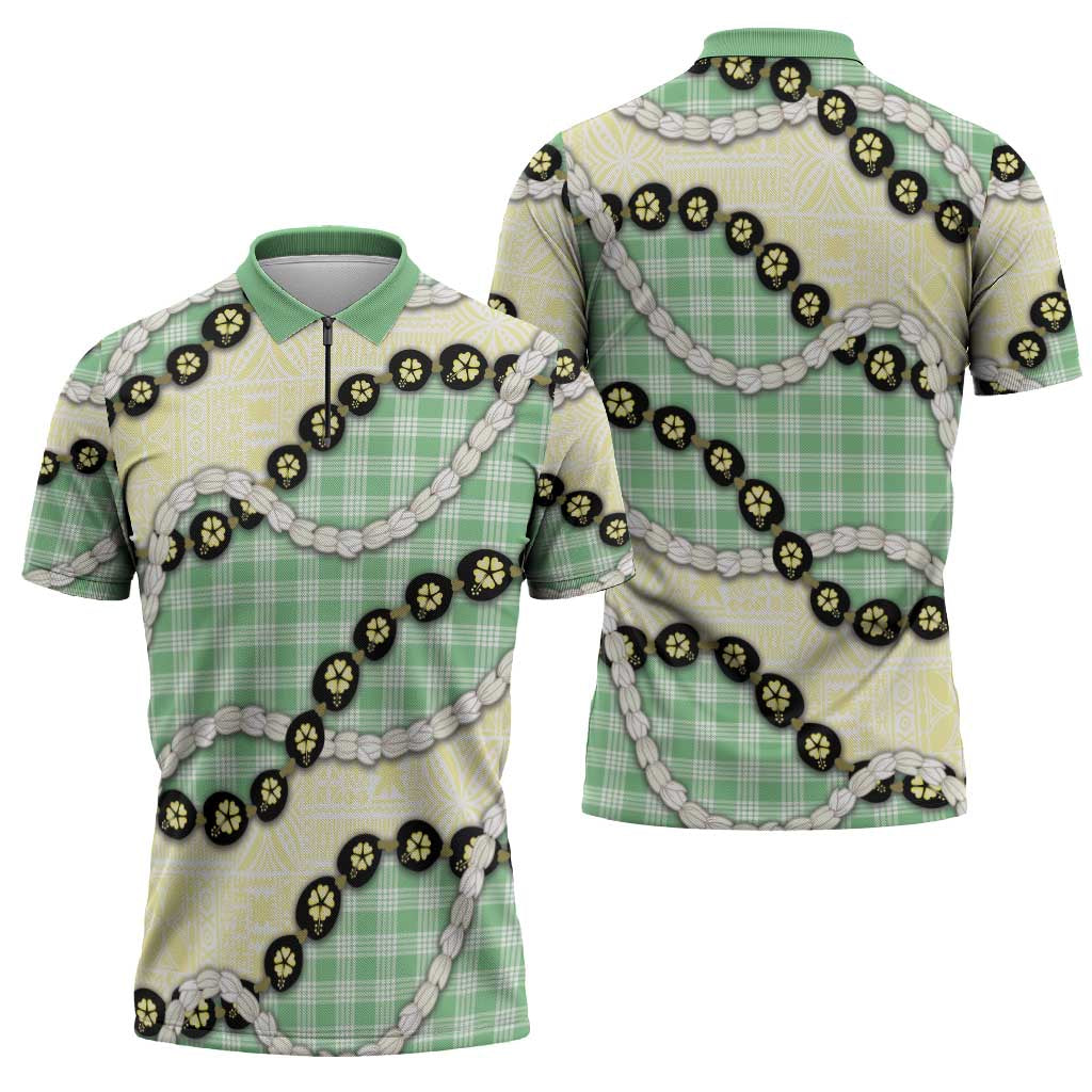 Green Palaka Hawaii Zipper Polo Shirt Kukui Nut Pikake Lei Hawaiian Tapa Pattern - Polynesian Pride