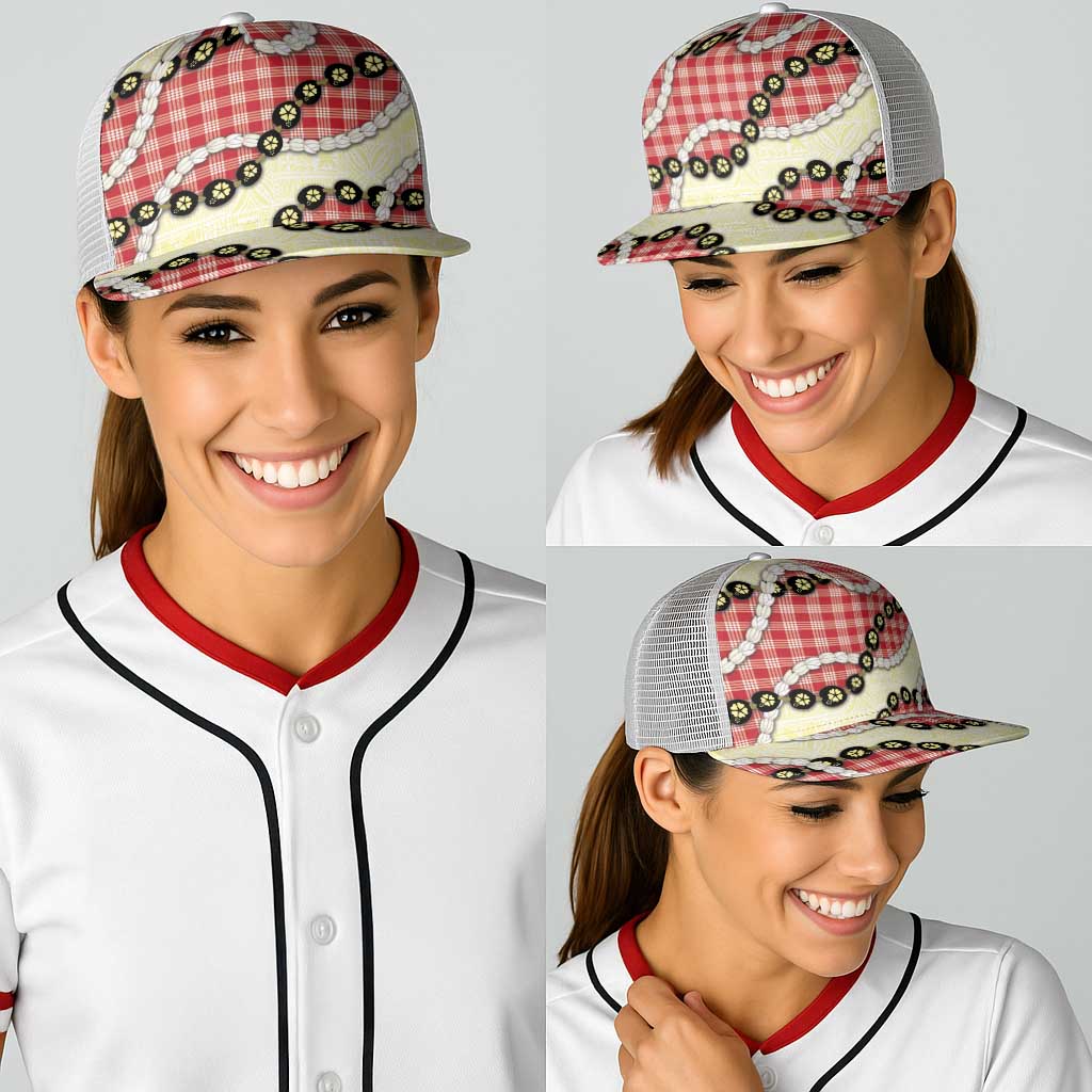 Red Palaka Hawaii Baseball Net Cap Kukui Nut Pikake Lei Hawaiian Tapa Pattern - Polynesian Pride