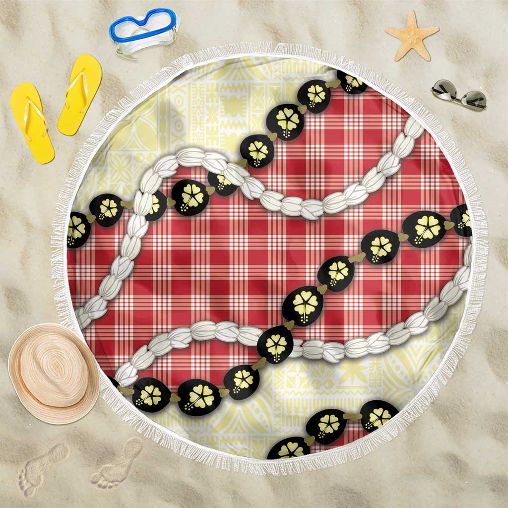 Red Palaka Hawaii Beach Blanket Kukui Nut Pikake Lei Hawaiian Tapa Pattern - Polynesian Pride