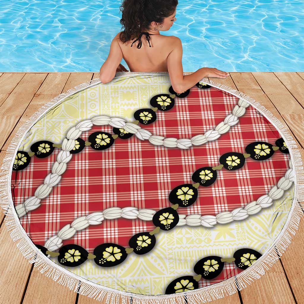 Red Palaka Hawaii Beach Blanket Kukui Nut Pikake Lei Hawaiian Tapa Pattern - Polynesian Pride