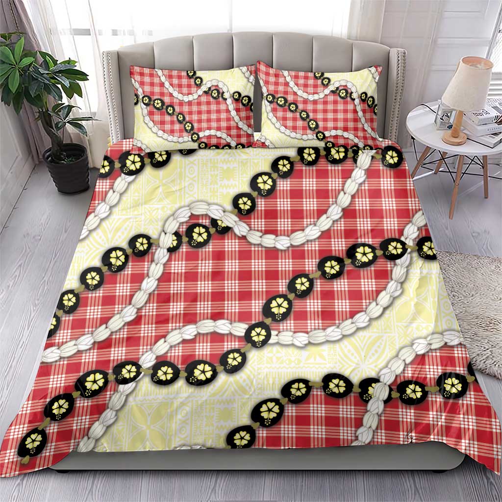 Red Palaka Hawaii Bedding Set Kukui Nut Pikake Lei Hawaiian Tapa Pattern - Polynesian Pride