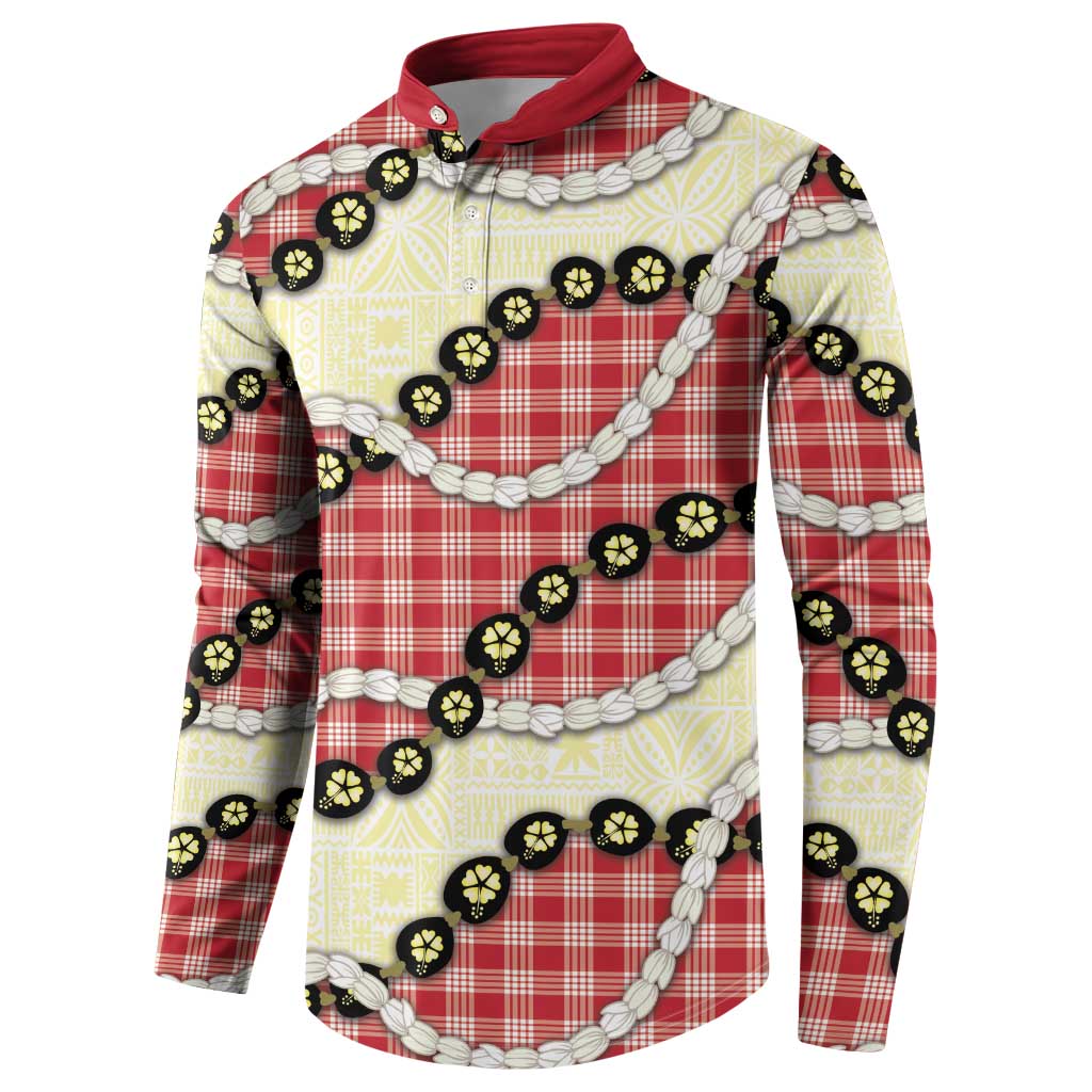 Red Palaka Hawaii Button Sweatshirt Kukui Nut Pikake Lei Hawaiian Tapa Pattern - Polynesian Pride