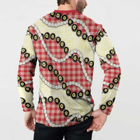 Red Palaka Hawaii Button Sweatshirt Kukui Nut Pikake Lei Hawaiian Tapa Pattern - Polynesian Pride