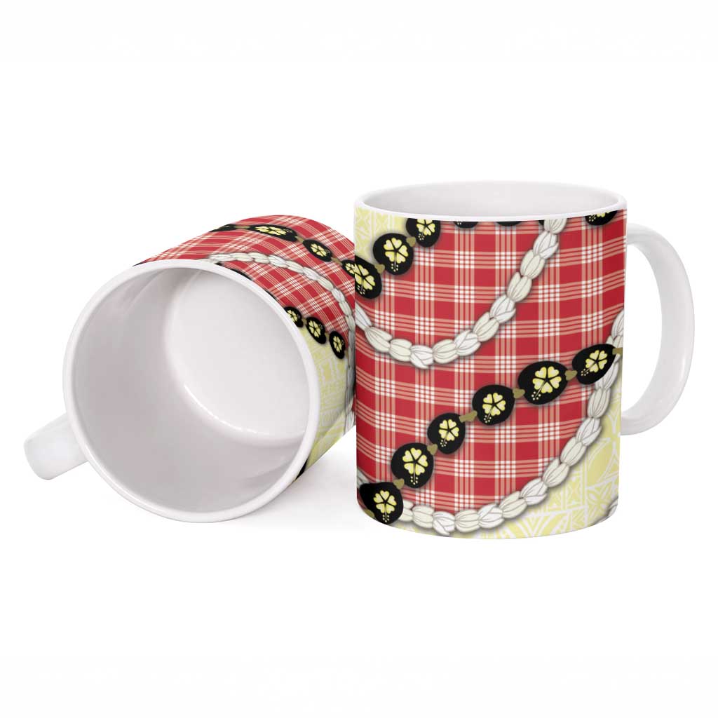 Red Palaka Hawaii Ceramic Mug Kukui Nut Pikake Lei Hawaiian Tapa Pattern - Polynesian Pride