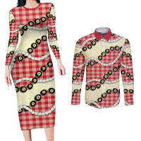 Red Palaka Hawaii Couples Matching Long Sleeve Bodycon Dress and Long Sleeve Button Shirt Kukui Nut Pikake Lei Hawaiian Tapa Pattern - Polynesian Pride