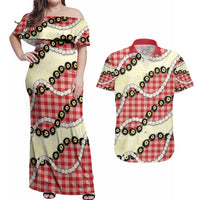 Red Palaka Hawaii Couples Matching Off Shoulder Maxi Dress and Hawaiian Shirt Kukui Nut Pikake Lei Hawaiian Tapa Pattern - Polynesian Pride