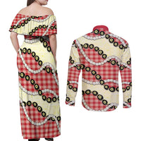 Red Palaka Hawaii Couples Matching Off Shoulder Maxi Dress and Long Sleeve Button Shirt Kukui Nut Pikake Lei Hawaiian Tapa Pattern - Polynesian Pride
