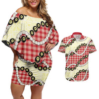Red Palaka Hawaii Couples Matching Off Shoulder Short Dress and Hawaiian Shirt Kukui Nut Pikake Lei Hawaiian Tapa Pattern - Polynesian Pride